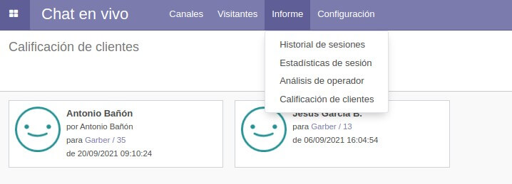 Vista de informes de live chat Odoo. Puedes ver múltiples informes del chat de Odoo