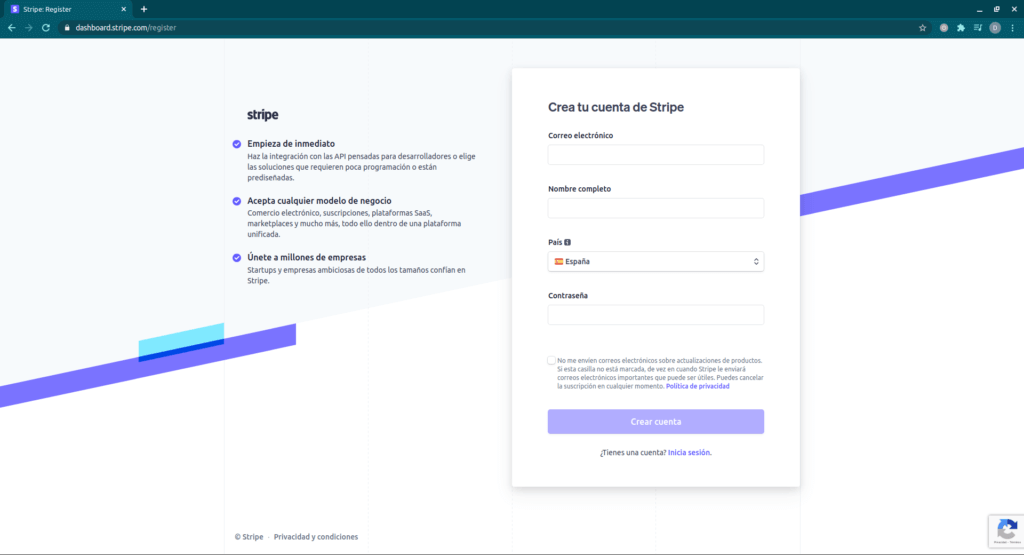 Nueva cuenta en Stripe