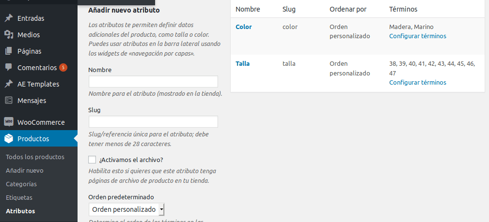 Crear atributos  Woocommerce