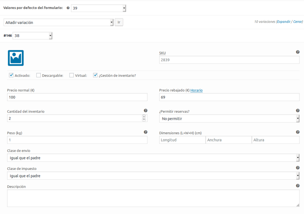 Detalle producto variable Woocommerce