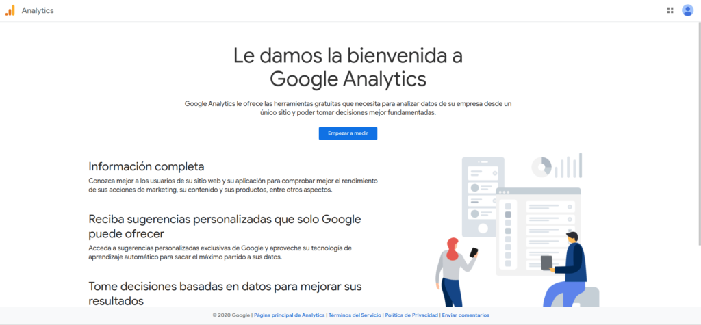 Página bienvenida Google Analytics