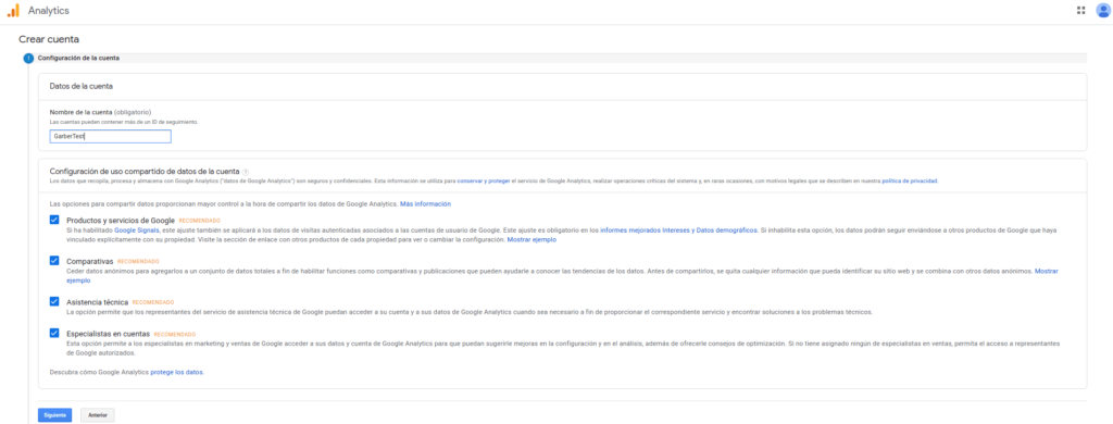 Crear cuenta Google Analytics