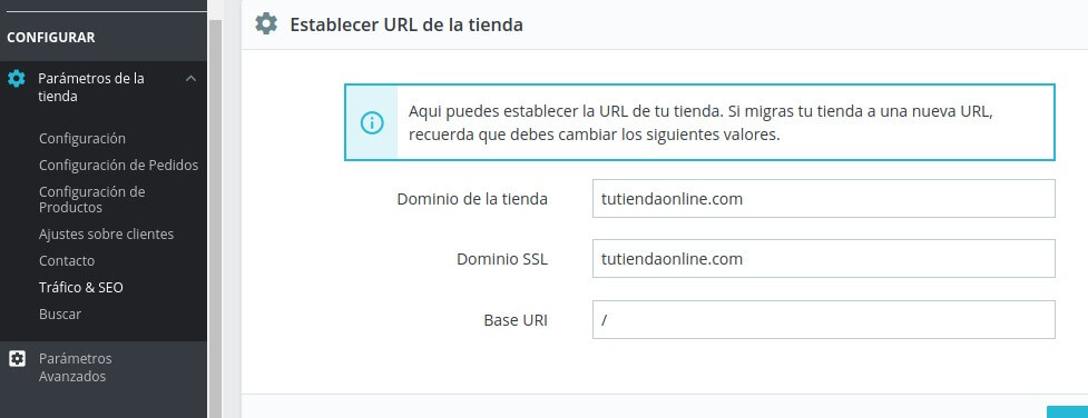 Establecer url de la tienda PrestaShop