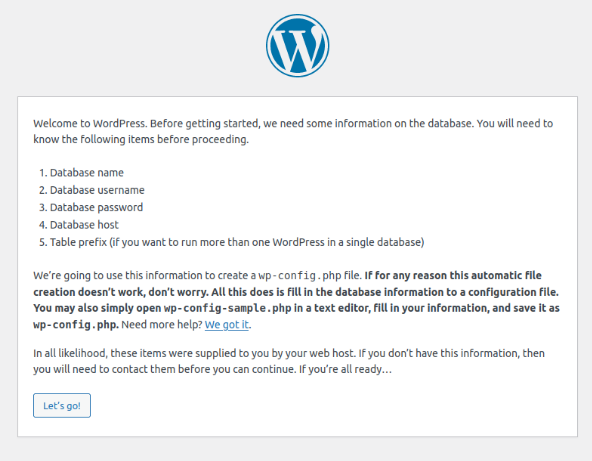 primera pantalla al instalar wordpress