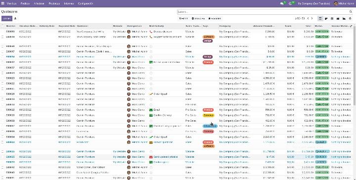Vista de lista de presupuestos Odoo 15 Enterprise