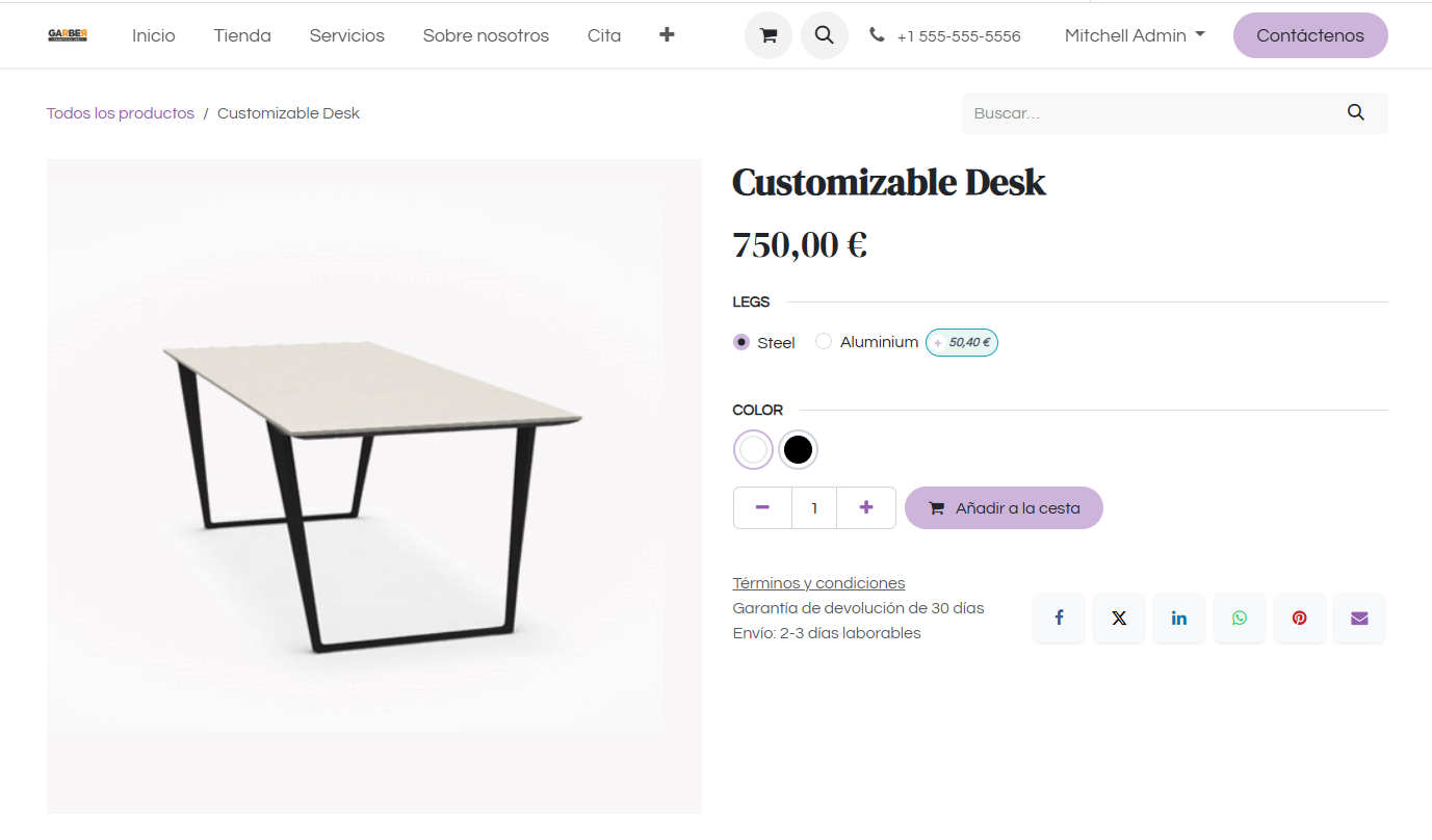 interfaz producto en la tienda online